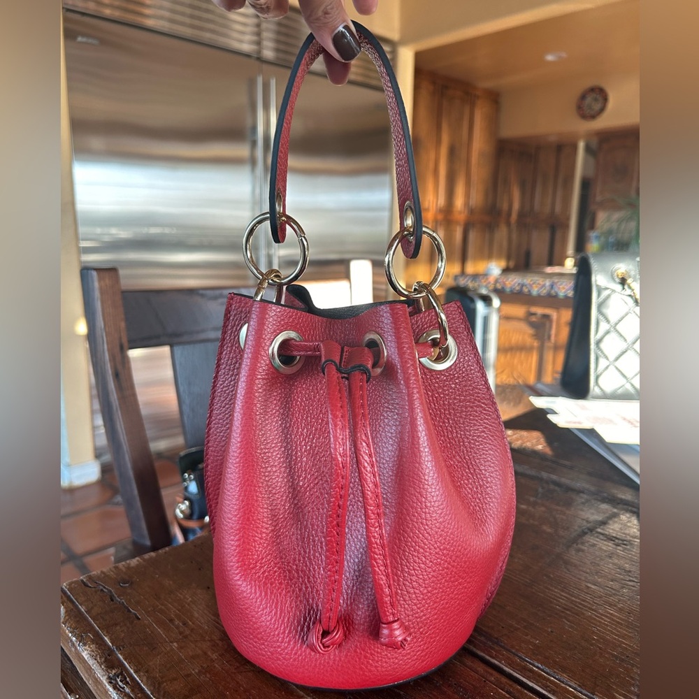 Red Bucket Bag with gold chain long strap - Like New